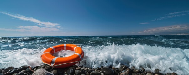 Fototapeta premium Bright orange life buoy on rocky shore with crashing waves and blue sky, symbolizing safety and rescue at sea.