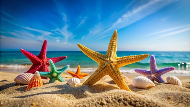 Colorful starfish and seashell rest on warm sandy beach against serene summer background with abundant clear blue sky copy space.