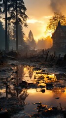 a sunset in the woods