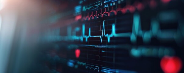 Close-up of a heart rate monitor displaying vital signs and medical data, symbolizing health and healthcare technology.