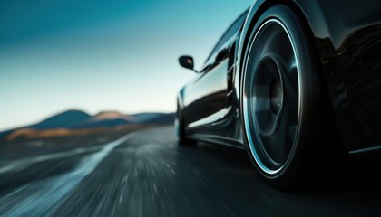 Close-up of a luxury car speeding on the road, showcasing the sleek design and high-performance tires against a blurred landscape background.