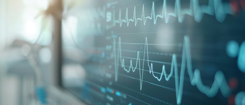 Close-up of a heart rate monitor in a hospital, capturing vital health data and medical technology in a clinical setting.