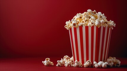 Popcorn in a Striped Bucket on Red Background