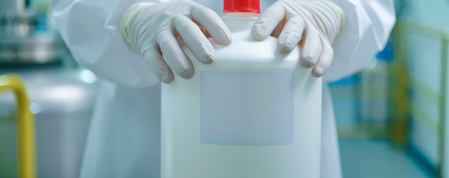 Scientist handling a large chemical container in a laboratory, showcasing safety protocols and proper handling techniques.