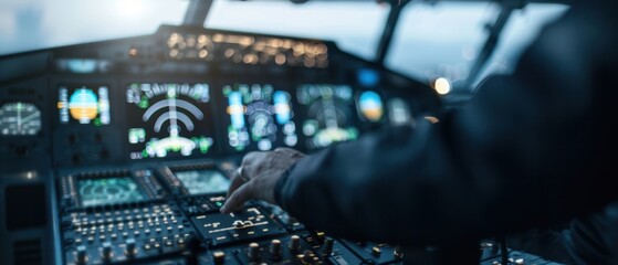 Close-up of a pilot's hands operating aircraft controls in a cockpit, focusing on control panels, dials, and screens in a modern airplane.