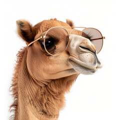 Obraz premium Stylish camel wearing sunglasses against a white backdrop, exuding coolness and charisma in an entertaining and humorous manner.