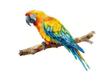 Obraz premium Vibrant watercolor painting of a colorful parrot perched on a branch, showcasing nature's beauty with vivid hues and detailed artistry.