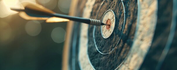 Close-up of an arrow hitting the bullseye on a target, symbolizing precision, success, and achievement in focus and accuracy.