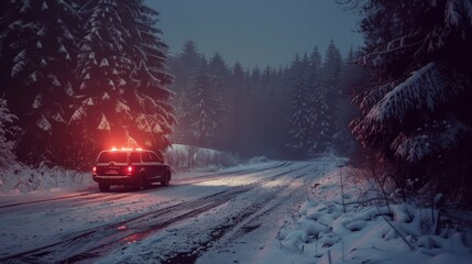 Car broken down on the side of a snowy road with emergency lights flashing
