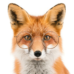 Obraz premium A cute red fox wearing round glasses, looking intelligently at the camera against a white background.