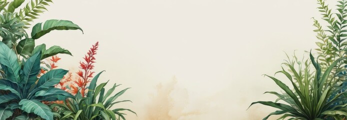 Tropical leaves and flowers on a beige background.