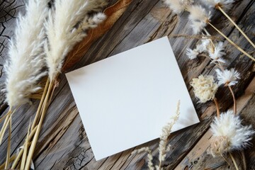 Blank White Card on Rustic Wooden Background with Pampas Grass and Dried Flowers Perfect for Invitations