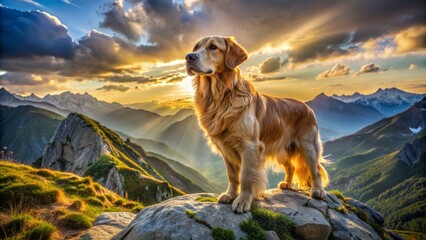Majestic sun-kissed golden retriever head sculpture stands proudly on a mountain peak overlooking a serene alpine landscape backdrop.