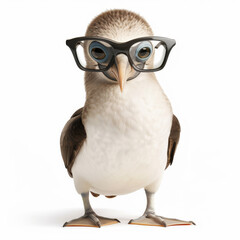 Obraz premium Adorable bird with glasses standing upright, with a curious and intelligent expression, isolated on white background.