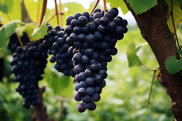 Fototapeta premium Black grapes hanging on a tree. Black grapes in the orchard