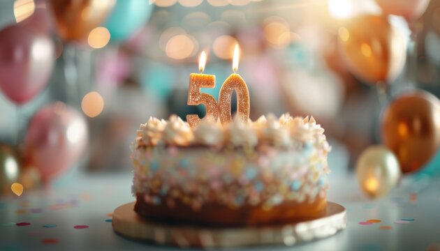 Colorful 50th birthday cake with lit candles, decorated with balloons and confetti, perfect for celebrating a milestone anniversary.