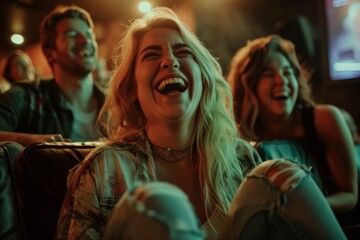 Young woman with friends watching movie in cinema and laughing