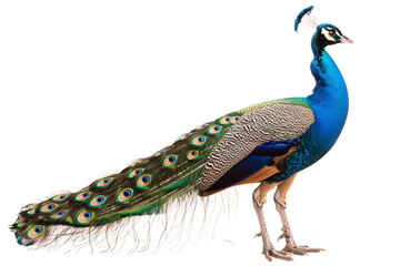 Fototapeta premium Beautiful peacock with vibrant blue and green plumage, showcasing its majestic tail feathers on a white background.