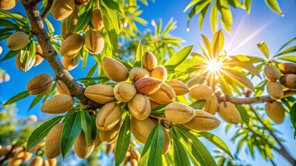 Ripe almonds hang in clusters on sun-kissed tree branches, surrounded by lush green leaves, against a clear blue sky backdrop.