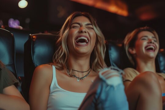 Young woman with friends watching movie in cinema and laughing