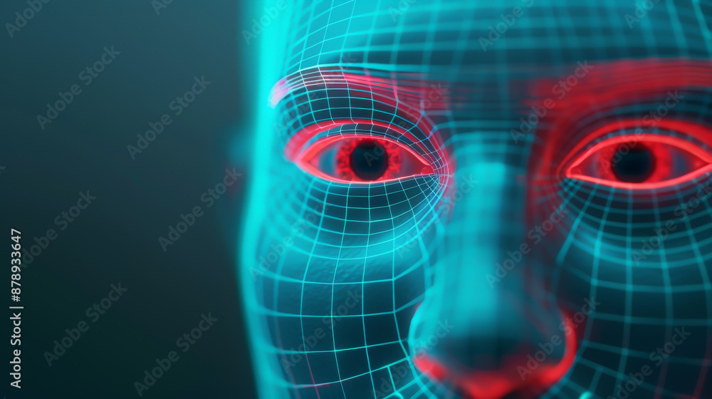 Poster close-up of a glowing, digital 3d face with wireframe lines, representing artificial intelligence an