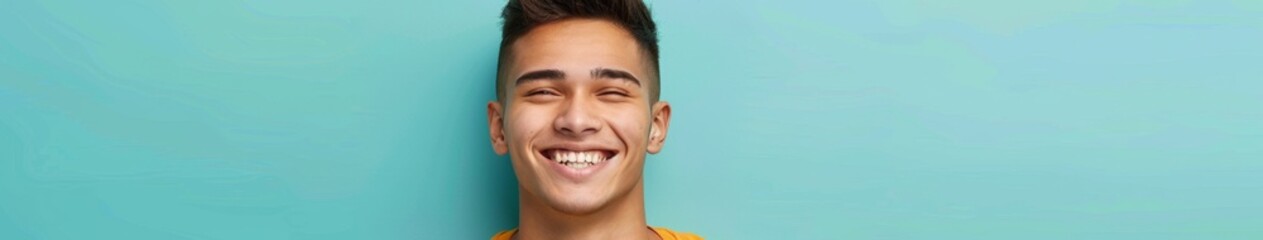 Obraz premium Smiling Young Spanish Man's Lifelike Portrait Perfect for Abstract Confident Concepts, Optimistic Youth Popular Background or Wallpaper, High-Resolution AI-Generated Design