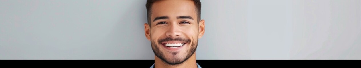 Obraz premium Smiling Young Spanish Man's Lifelike Portrait Perfect for Abstract Confident Concepts, Optimistic Youth Popular Background or Wallpaper, High-Resolution AI-Generated Design