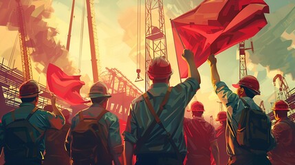 Labor Day: Workers raising red flags on a construction site, symbolizing solidarity, strength, and the labor movement.
