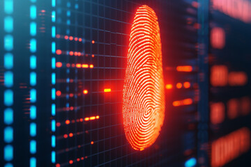 Close-up of a glowing digital fingerprint on a futuristic blue and red interface, symbolizing biometric security and technology.