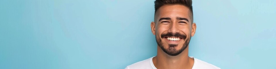 Obraz premium Smiling Young Spanish Man's Lifelike Portrait Perfect for Abstract Confident Concepts, Optimistic Youth Popular Background or Wallpaper, High-Resolution AI-Generated Design