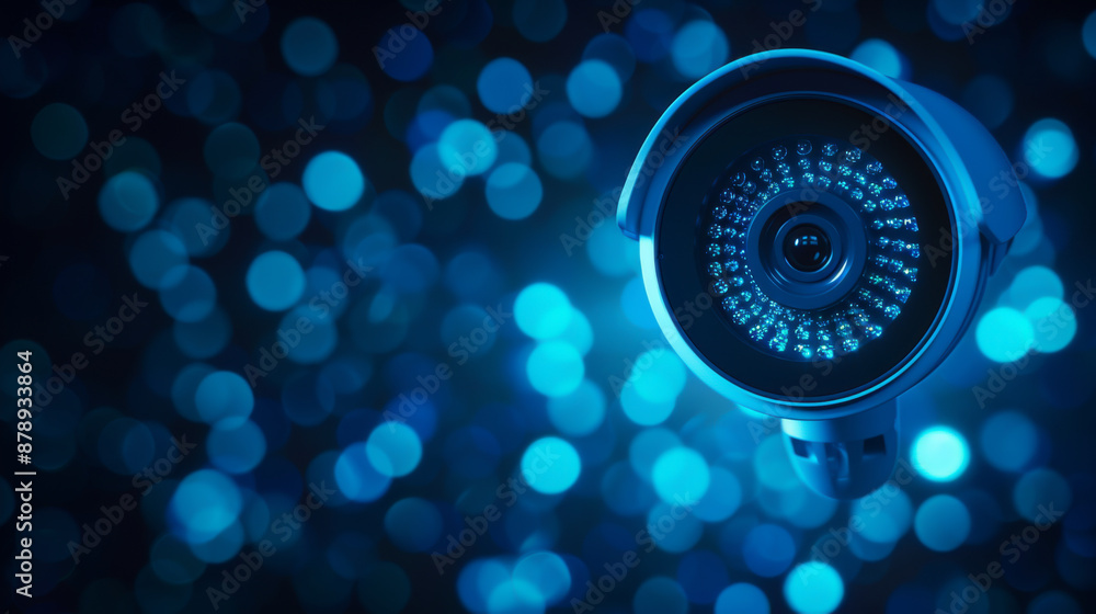Aufkleber close-up of a security camera in a dark blue setting with bokeh lights background, symbolizing surve