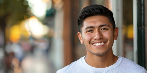Fototapeta premium Smiling Young Spanish Man's Lifelike Portrait Perfect for Abstract Confident Concepts, Optimistic Youth Popular Background or Wallpaper, High-Resolution AI-Generated Design
