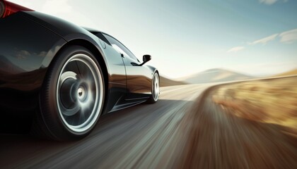 A sleek sports car speeding down a scenic road, emphasizing speed and luxury.