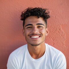 Fototapeta premium Smiling Young Spanish Man's Lifelike Portrait Perfect for Abstract Confident Concepts, Optimistic Youth Popular Background or Wallpaper, High-Resolution AI-Generated Design