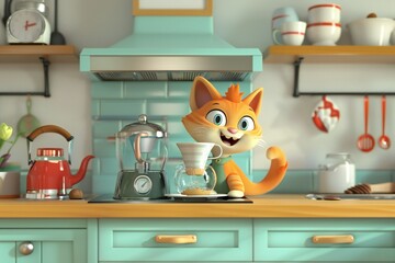Cute cartoon cat brewing coffee in the kitchen in 3D render cartoon style  , generated by ai