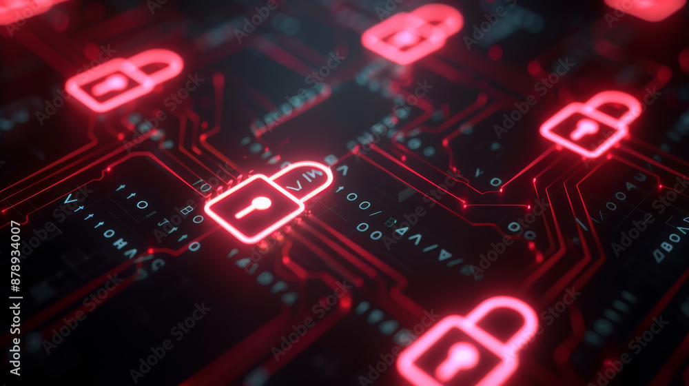Poster close-up of digital locks glowing red on circuit board, symbolizing cybersecurity and online data pr