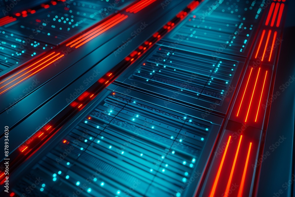 Poster closeup of glowing led lights in a futuristic data center. abstract technology background illustrati