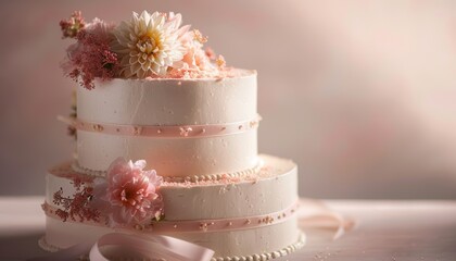 Elegant two-tier white wedding cake adorned with pink and white flowers, with soft lighting creating a romantic atmosphere.