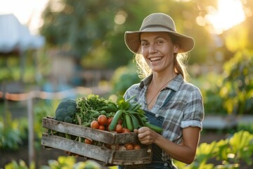 Fototapeta premium beautiful female gardener carrying crate with freshly harvested vegetables in farm