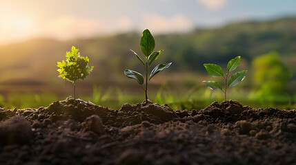 Three stages of tree growth side by side: a sapling, a young tree, and a mature tree.
