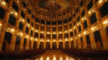 Obraz premium A beautiful baroque opera house with lavish interiors, ornate balconies, and a grand stage.