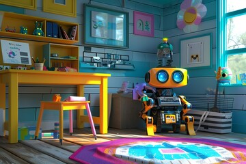 Fototapeta premium Little girl robot drawing a picture in a children's room, generated by ai
