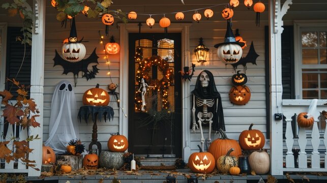 A decorated front porch with pumpkins, ghosts, and skeletons, ready for Halloween night.