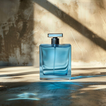 Mockup blue square perfume bottle, cement concrete wall background, Ai Generated Images
