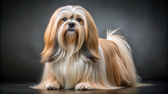 Full-body portrait of a Lhasa Apso dog with long, flowing hair