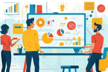 A group of people are standing around a computer monitor with a lot of graphs