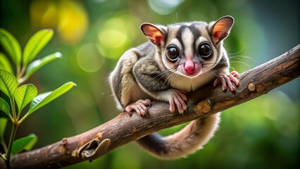 Full-body portrait of a sugar glider clinging to a branch