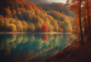 mountain colors autumn view landscape generative forest lake picturesque volumetric sky immersed light nature serene water cloud ai