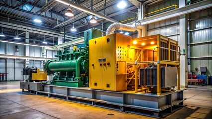 Fototapeta premium A modern industrial diesel generator set with a large fuel tank and electrical control panel in a dimly lit background.