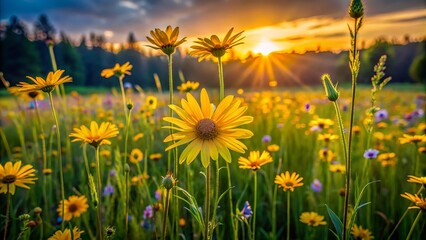 Obraz premium Softly illuminated yellow daisy blooms sway gently amidst lush green grass and tall slender wildflowers in serene twilight landscape.